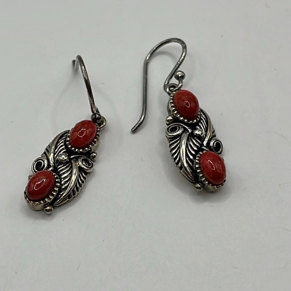 Red Oval Coral Leaf Design Dangle  Drop Earrings BBJ for JTV Sterling Silver - Picture 5 of 7